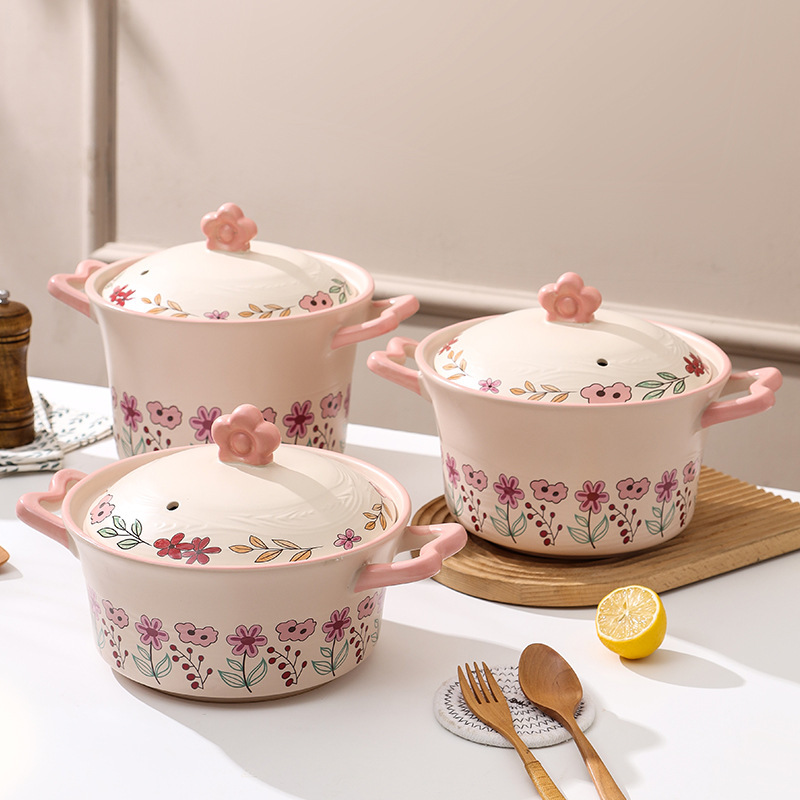 Hand-painted flower tree pattern clay pot for home use, high-temperature resistant, dry-burning without cracking, large soup pot, gas stove special soup pot for stewing and making soup