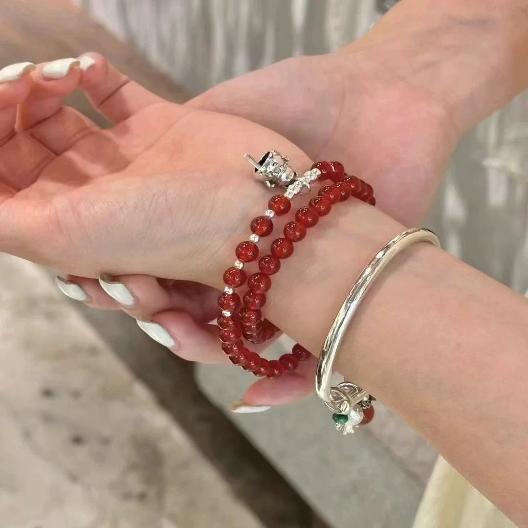 Natural red agate 12.2 Maneki Neko bracelet s925 sterling silver women's ins niche design double-ring bracelet, elegant and high-end Specification image