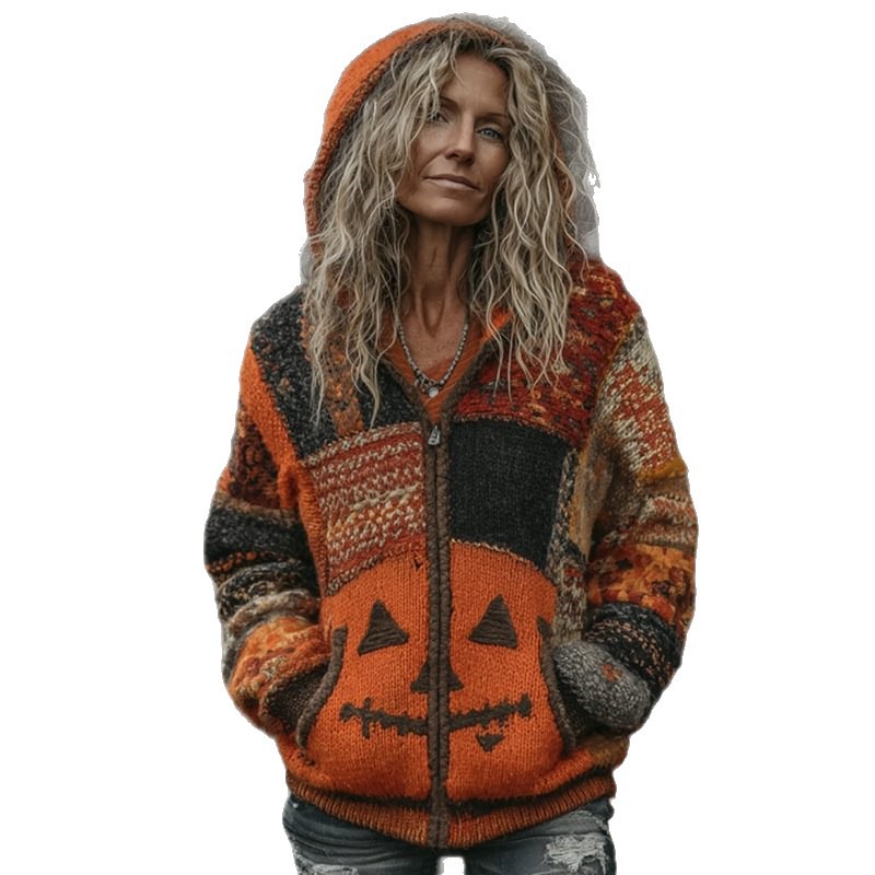 Cross-Border Autumn And Winter New European-Style Halloween Parody Digital Print Zipper Pumpkin Hooded Imitation Knitted Sweater Item Picture