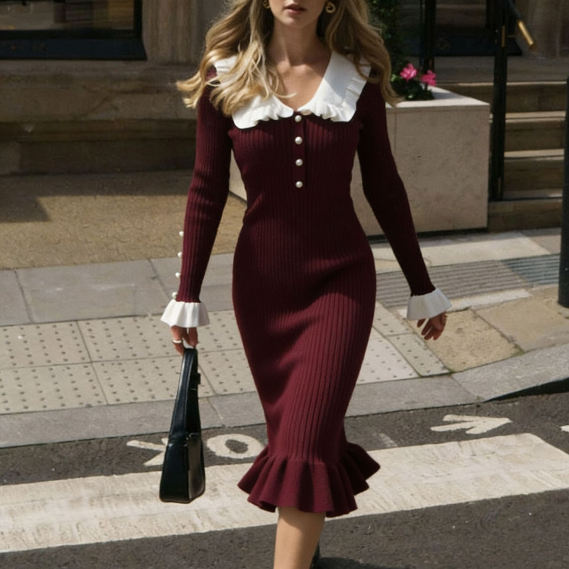 Ruffled dress, knitted dress, new autumn and winter sweater dress, 2023 retro lady, European and American cross-border French dress for women Specification drawing