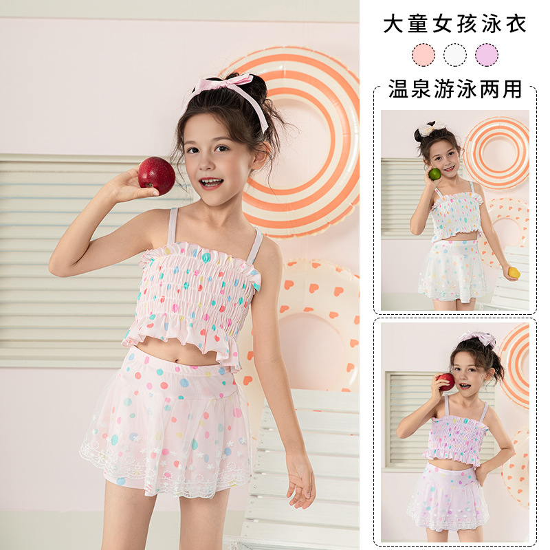 Playful and colorful polka dot halter mini swimsuit for big kids, girls, children's swimsuit, holding an apple background swimming ring decoration, NT $866803