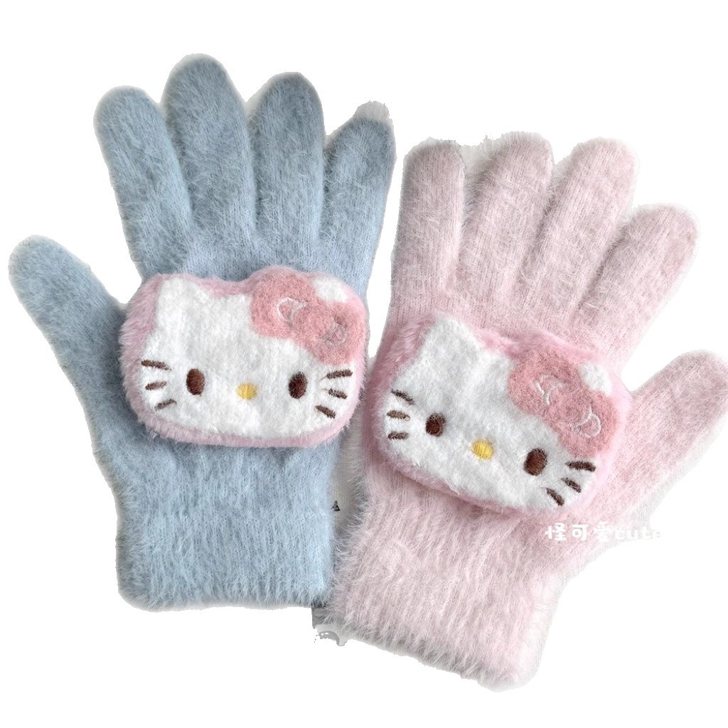 kt cat gloves for girls to ride electric bikes in winter are warm, cold-proof, frost-proof, fluffy and cute for students Item Picture