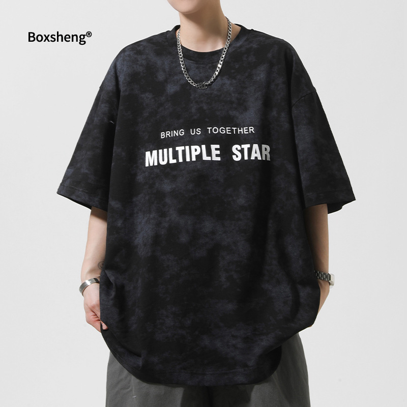 Short-sleeved T-shirt for men, a summer American retro washed distressed design, a niche top with a thin tie-dyed base layer