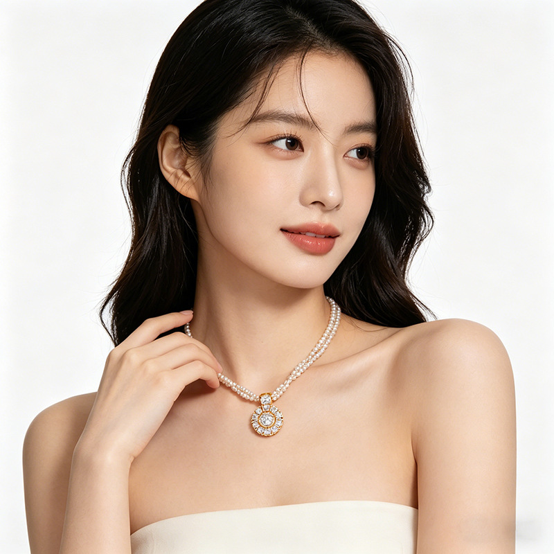 Double-layer pearl necklace, women's collarbone chain, live-streaming bestseller, fashionable, light luxury, super sparkling zircon pendant details Picture