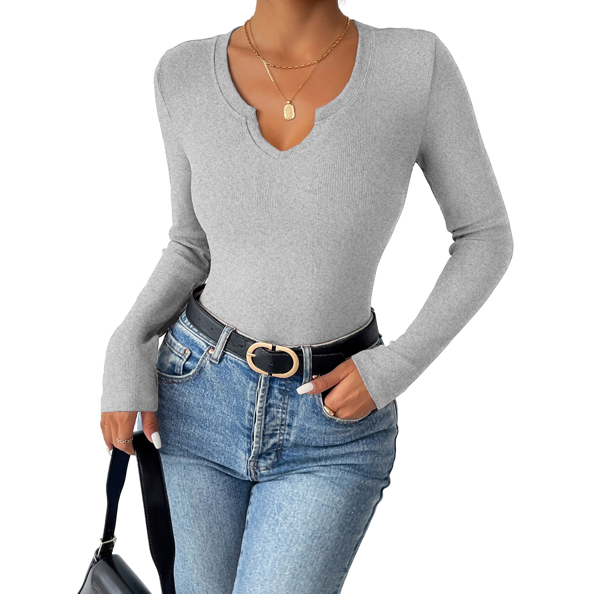 Autumn and winter Amazon European and American women's T-shirt, top, long-sleeved V-neck, slimming, cross-border fashion, cotton knitted pated women's clothing Item Picture