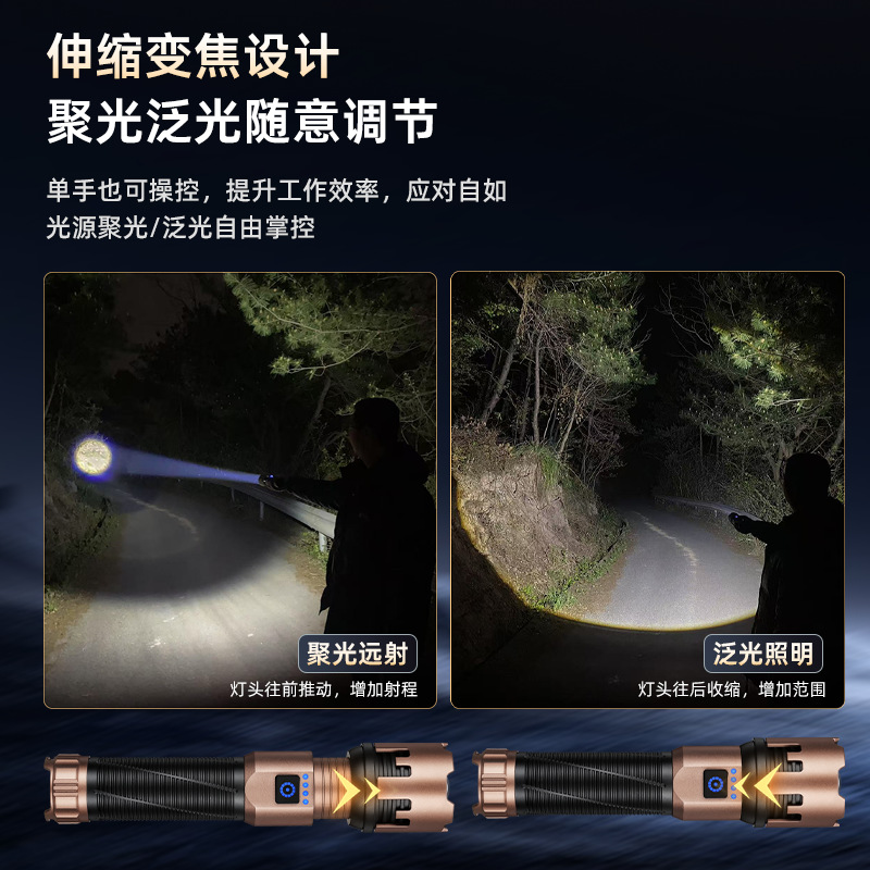 Cross-border telescopic zoom flashlight, electric display, long-lasting battery life, ultra-bright outdoor long-range illumination, powerful flashlight work light Application Scenario