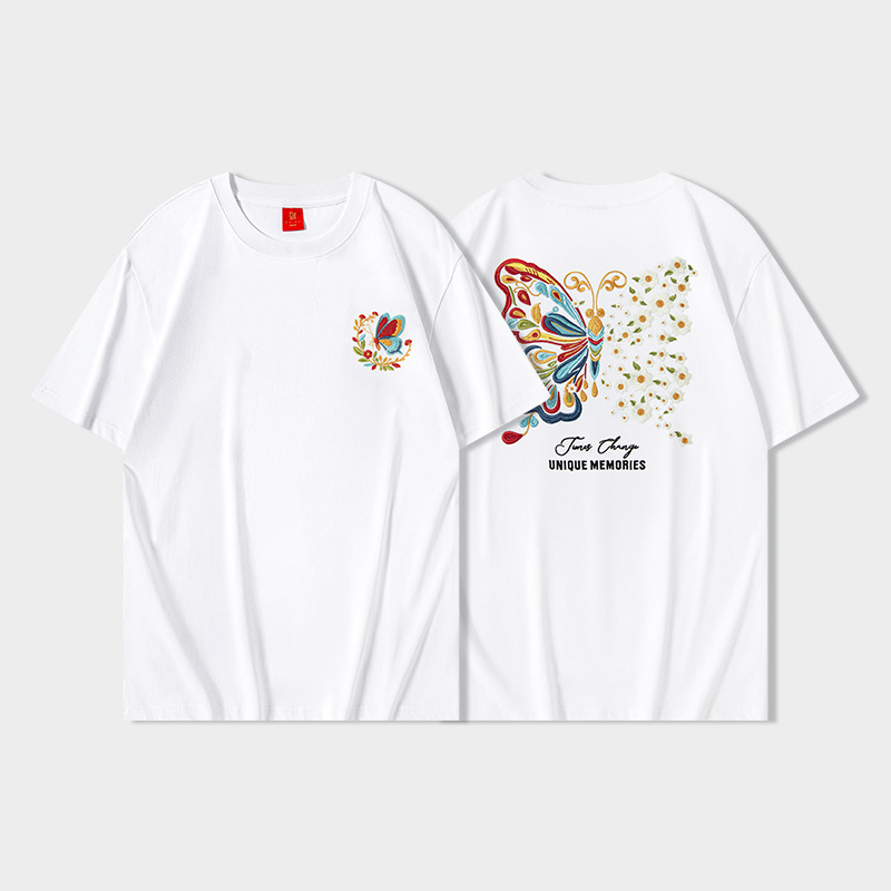 Men's and women's same style Chinese trend short-sleeved T-shirt, butterfly light change embroidery, Chinese style round neck, pure cotton loose, heavy half-sleeve details Picture