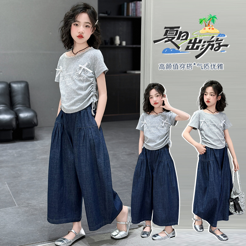 Girls' Summer Set 2026 New Style Children's Stylish pure cotton short-sleeved T-shirt, Big kids' top, denim wide-leg pants details Picture