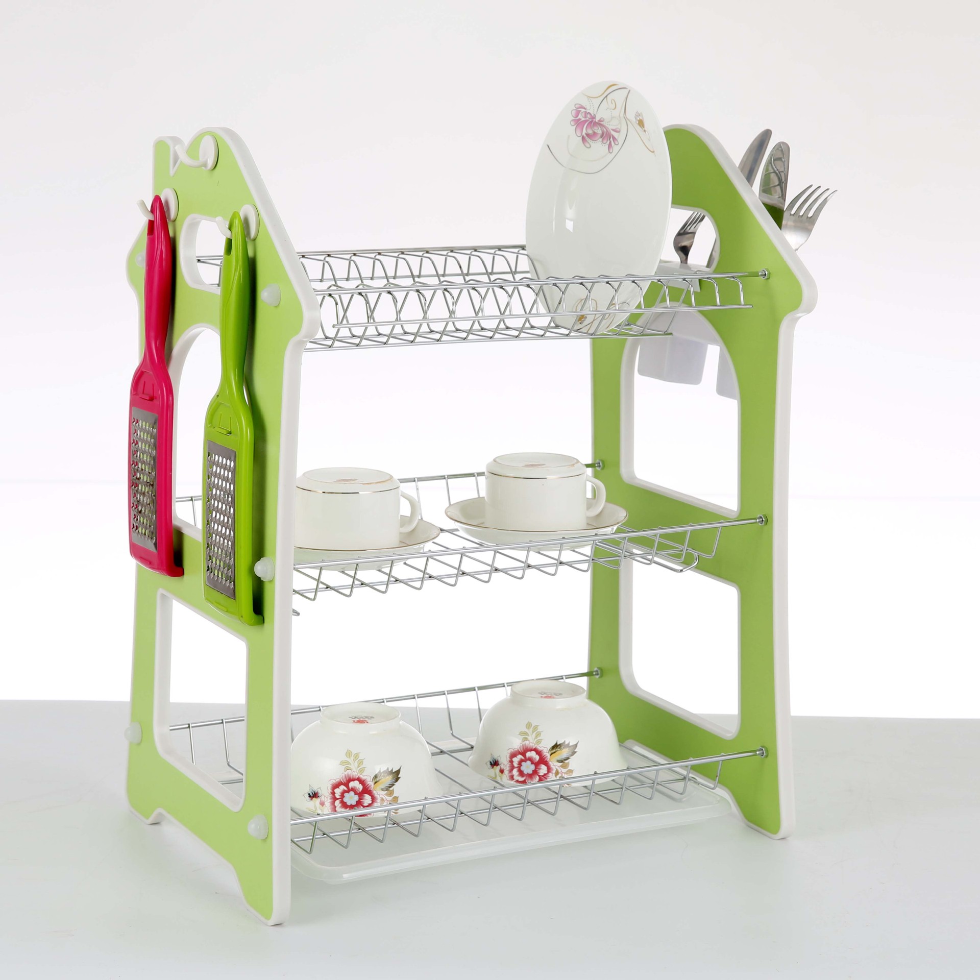 Novel home kitchenware room type: Three-story draining storage rack, dish rack, utensils, sink, draining dishes and bowls