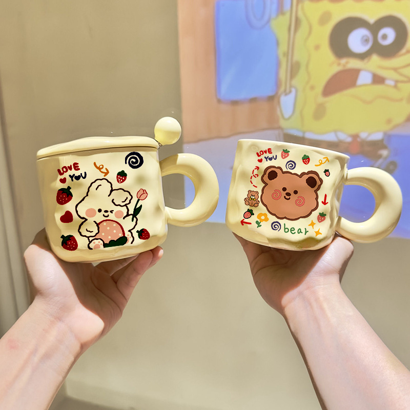 韩式奶油小熊马克杯胖把手陶瓷杯大容量简约牛奶杯男女学生情侣杯产品图