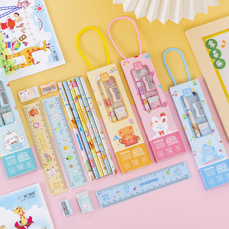 Back-to-school stationery cartoon set, Children's Day gift, kindergarten, primary, junior high and senior high school pencils, rulers, erasers, pencil sharpeners, prizes details Picture