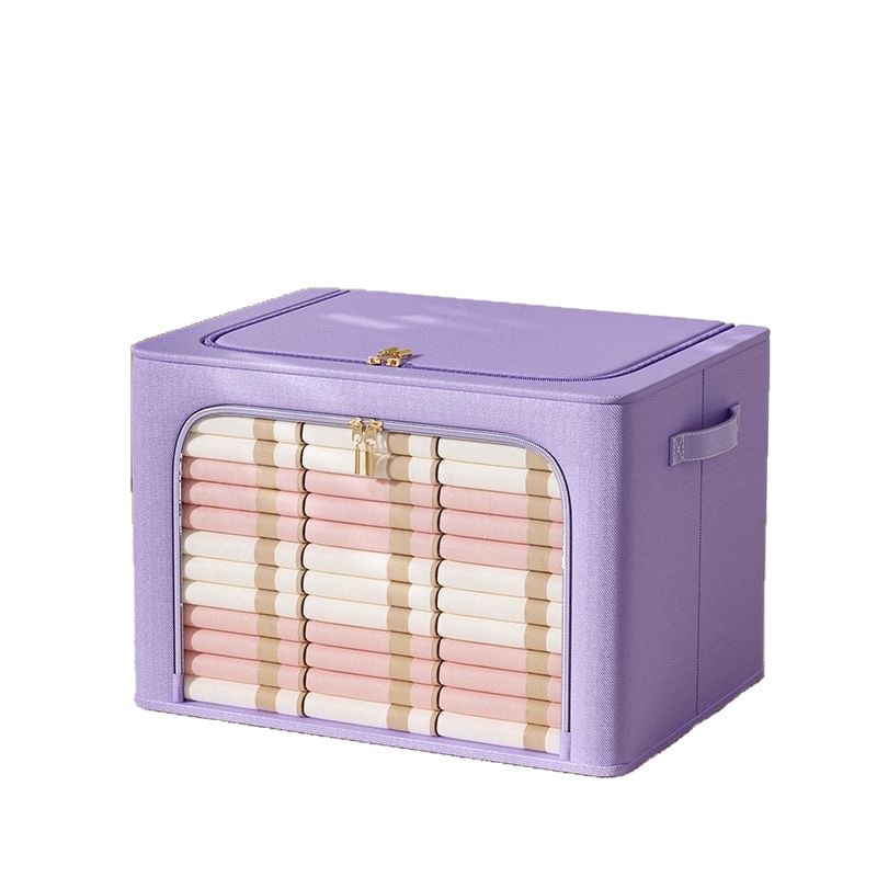 加厚牛津布大视窗加粗钢架收纳箱布艺衣服可折叠百纳箱家居收纳筐白底实物图