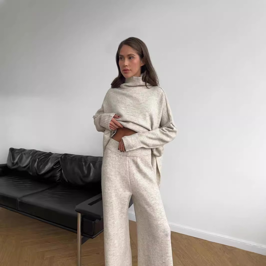 2025 Cross-border high-neck slit wool sweater Set for Women, loose, casual and laid-back European and American knitted trousers Two-piece set details Picture