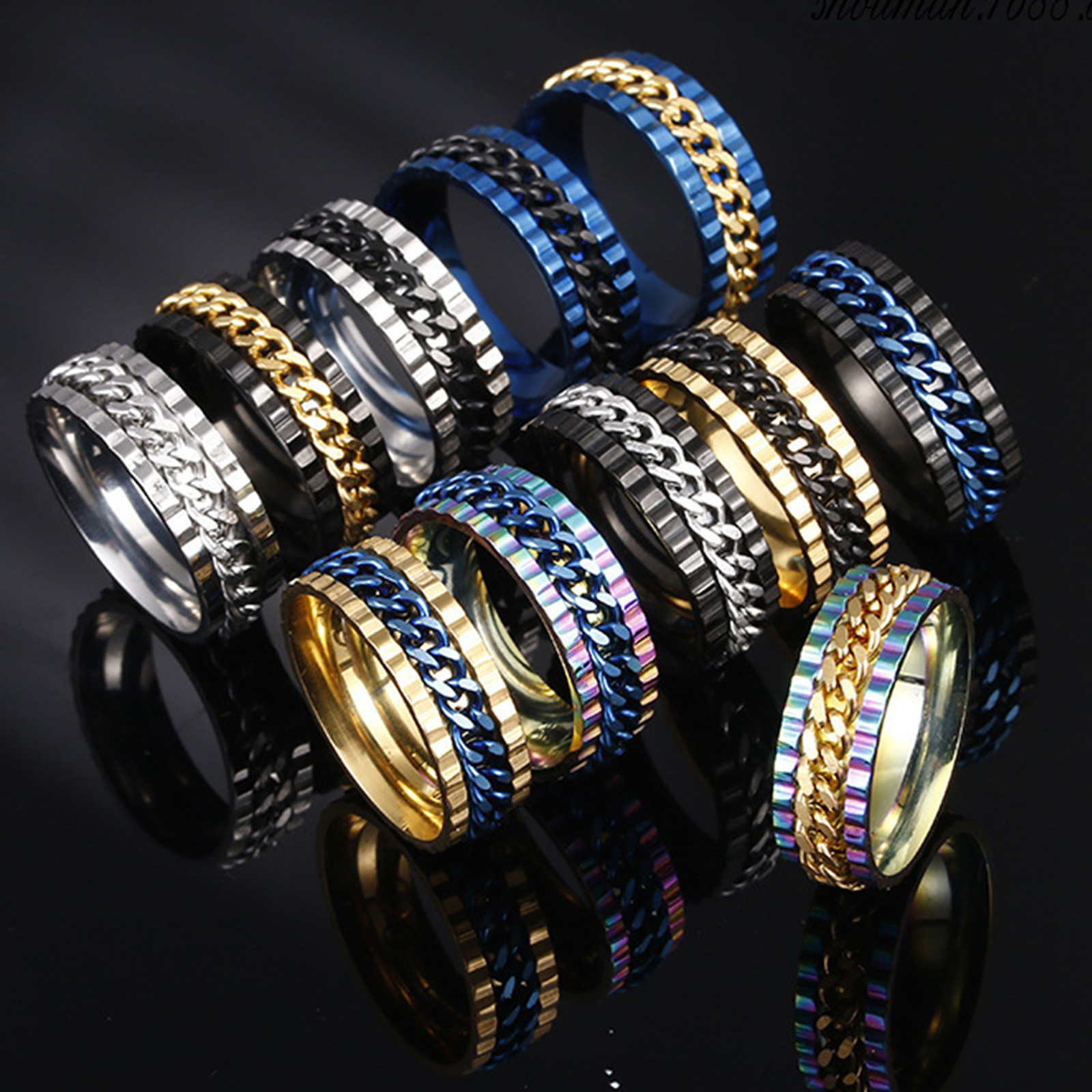 Wholesale of new cross-border European and American men's titanium steel chain rotating rings in 12-color full-color stress-relieving accessories Application Scenario
