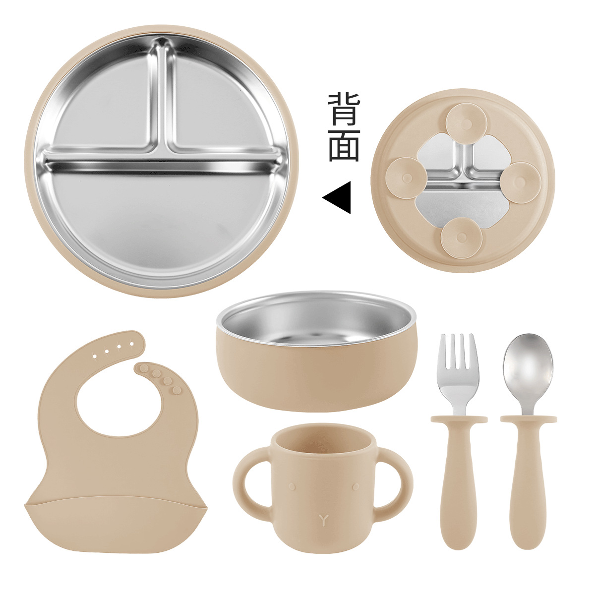 Cross-border new product 304 stainless steel silicone children's feeding set suction cups, baby complementary food plates, bowls, forks, spoons and tableware Specification drawing