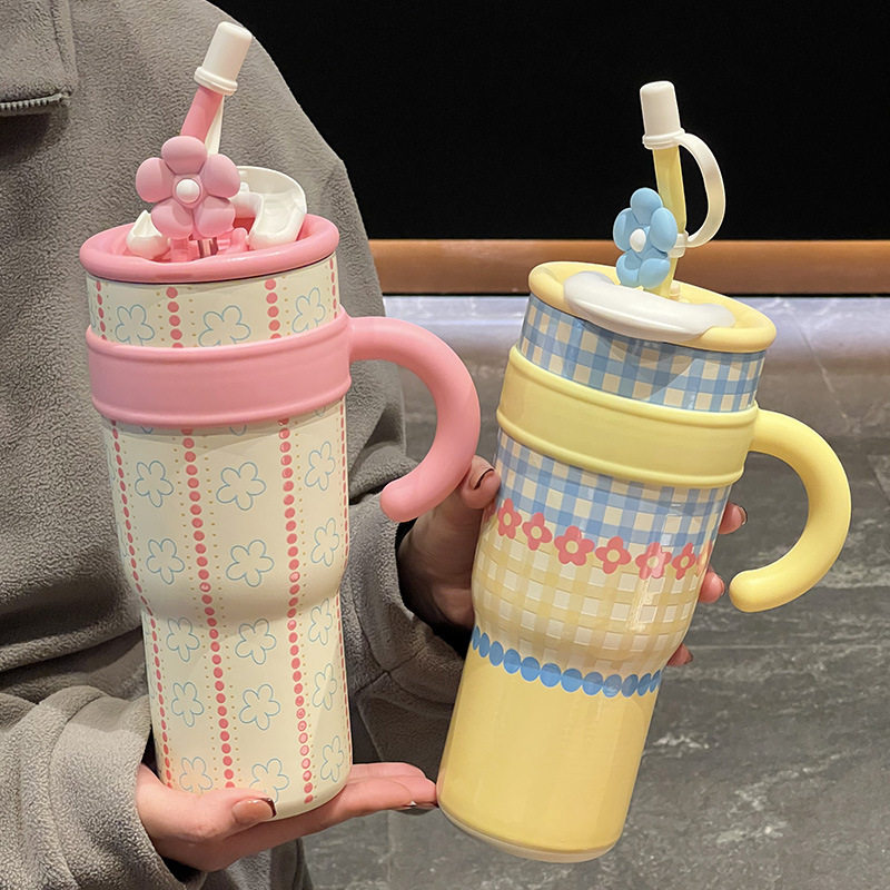 Ceramic inner liner insulated cup, giant handle ice cup, double-drinking straw water cup, large-capacity women's cup with high appearance level details Picture