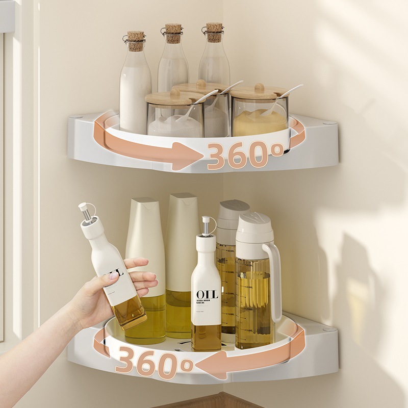 Kitchen rotating seasoning rack, no drilling required, wall-mounted seasoning storage rack, corner seasoning rack, soy sauce and vinegar bottle storage