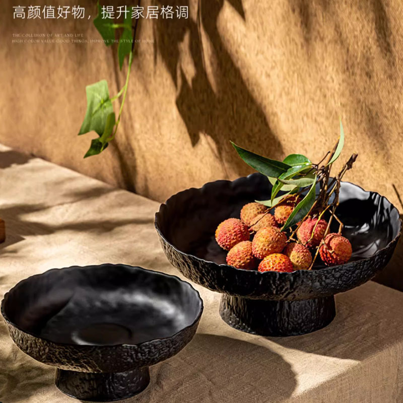 高级感磨砂黑高脚水果盘客厅茶几家用零食摆放盘多层玻璃干果盘子