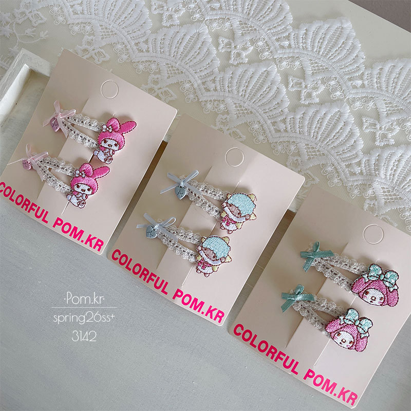 New Korean-style cartoon double lace bye-bye clip, handcrafted fabric children's side broken hair bangs clip, baby side clip details Picture