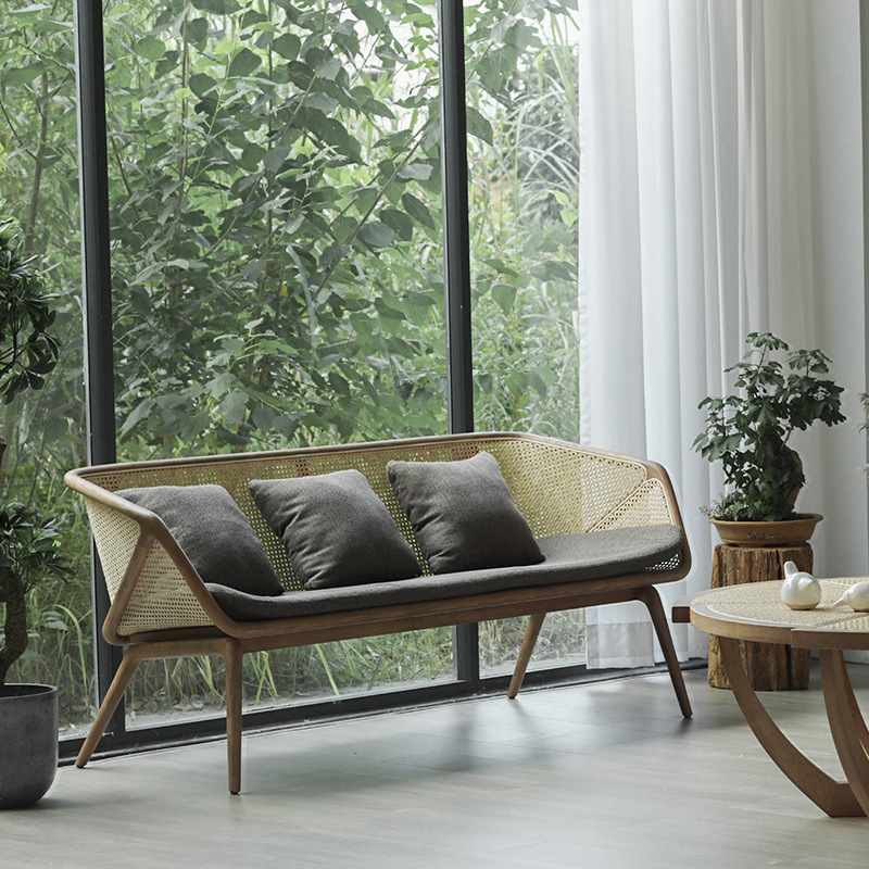 Star Factory wholesals Nordic and Japanese-style rattan sofa sets with a retro living room three-seer sofa and solid wood sofa chairs for hotel lobbies details Picture