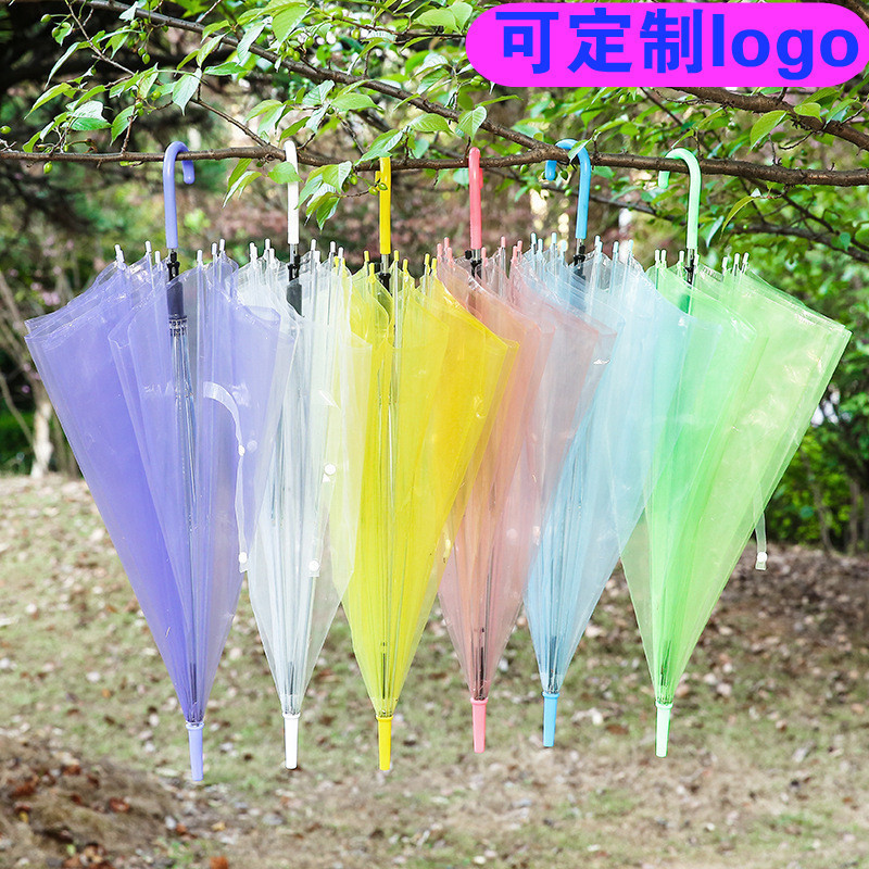 Creative PVC transparent umbrellas with logo printing, wholesale of disposable ring treasure umbrellas, 8-bone colored straight handle long umbrellas details Picture