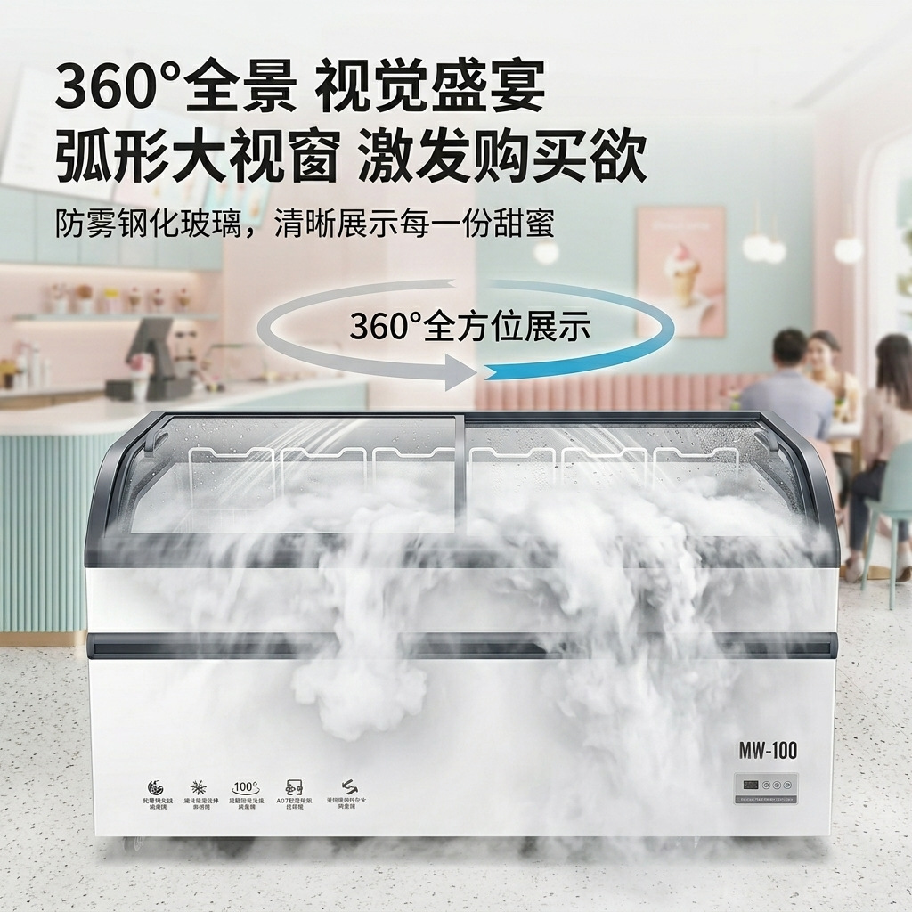 银色商用圆弧岛柜带弧形高透钢化玻璃顶盖冷柜冷藏车载式冰箱 details Picture