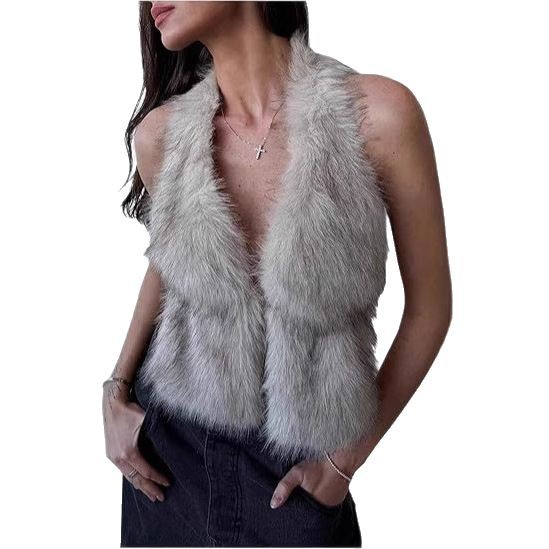 Aliexpress cross-border women's artificial fur sleeveless halter top, backless fur fox fur vest Item Picture