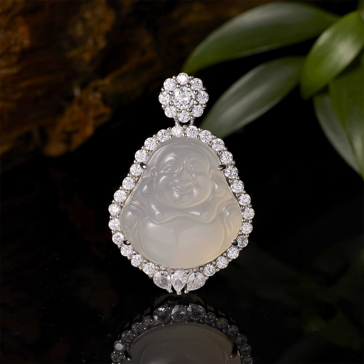 S925 silver inlaid with ice-type white chalcedine, large-bellied Buddha pendant full of diamonds, Chinese trend style Maitreya Buddha sweater chain necklace for women