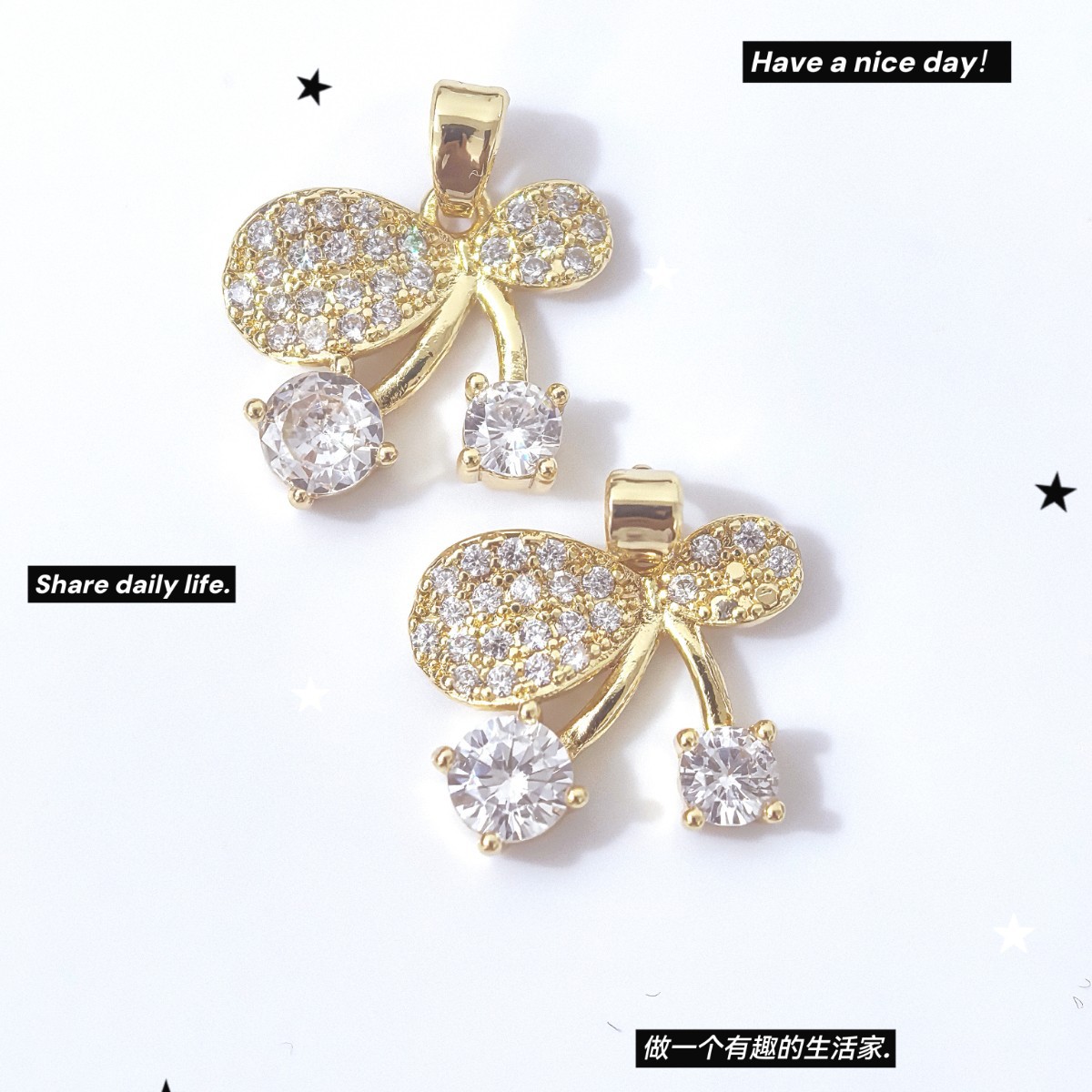 时尚精致小巧蝴蝶结吊坠流苏微镶满锆靓闪时髦百搭个性耳环挂坠