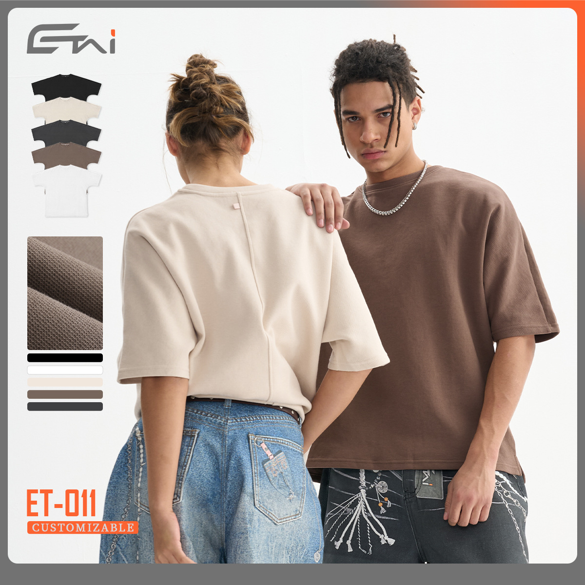 ETAI men's Wear: Trendy brand air layer bead ground one-sleeve loose short-sleeved T-shirt, high-quality solid color men's T-shirt