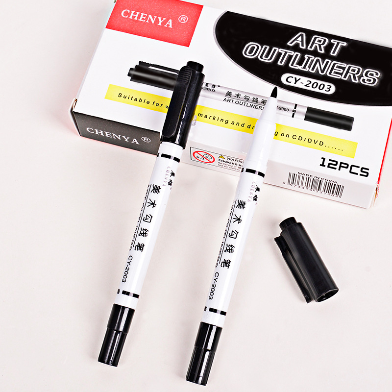 Small double-headed marker pen, black art outlining pen, two-end sketch oil painting outlining, thick and thin tip oil-based outlining pen