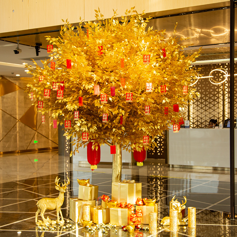 Simulated golden banyan tree, money-shaking decoration, money tree, New Year's money tree, wish tree, large artificial tree hotel Item Picture