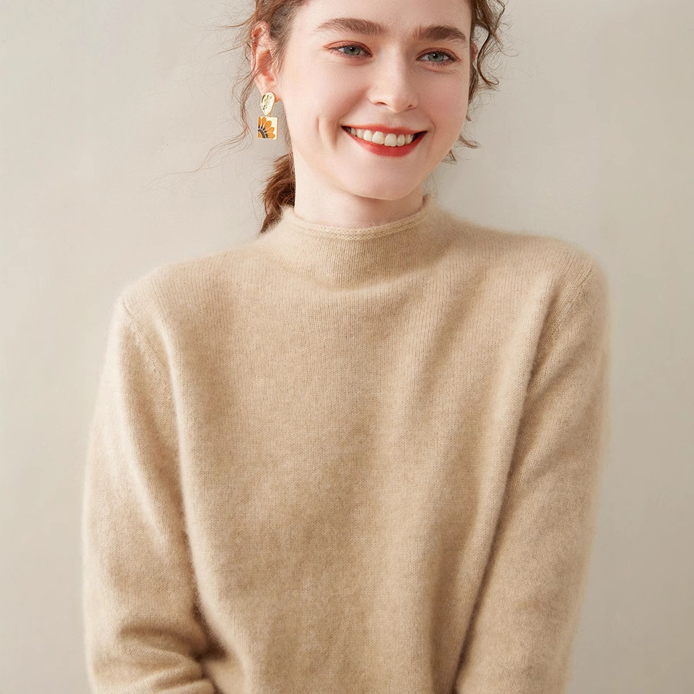 爆款秋冬季半高卷边领羊绒衫女宽松加厚套头毛衣针织打底衫毛衣女
