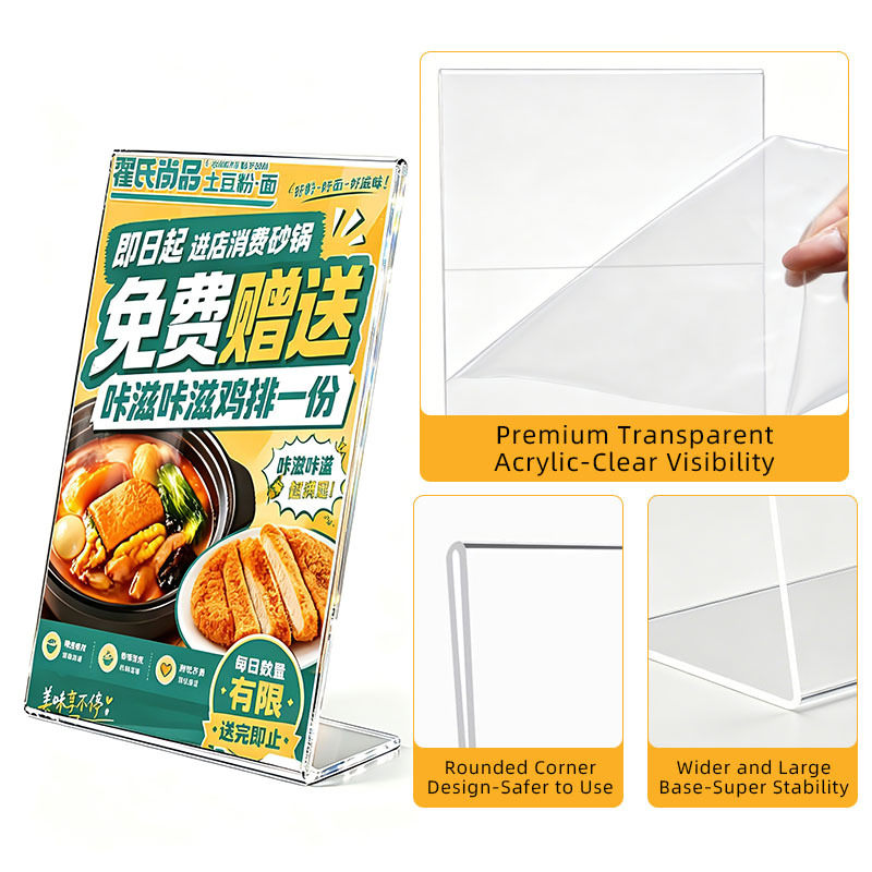 Cross-border Amazon acrylic table card L-shaped transparent display stand, wine price list menu stand display board, customized Western restaurant drink price tag stand, hotel dish description display stand counter, product introduction vertical bracket Application Scenario