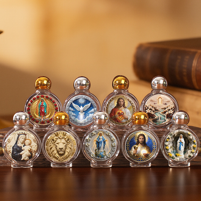 Cross-border 15ml glass HolyWaterBottle (HolyWaterBottle) Circular religious sticker baptism water bottle ornament Application Scenario