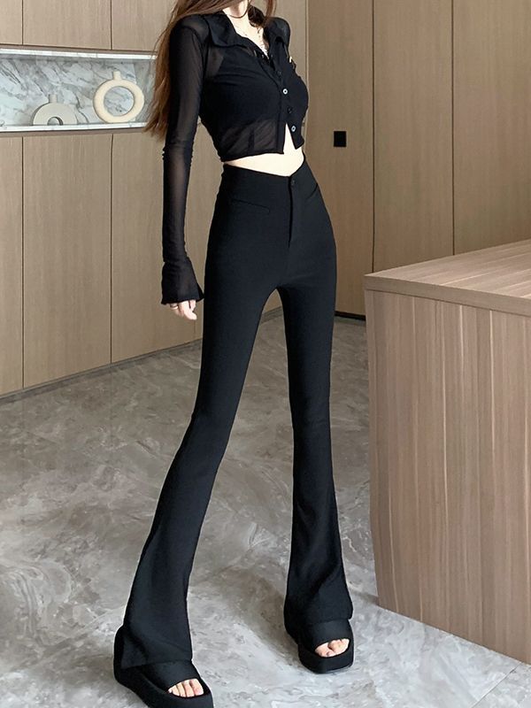 Autumn high-waisted micro-hoof-shaped floor-length pants 2025, slimming and form-fitting, with a good drape, children's flared pants, black suit pants, and elasticity details Picture