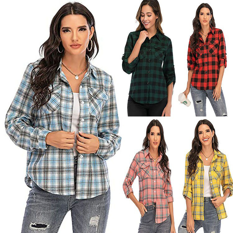 Amazon Women's Autumn and Winter new style foreign trade college sub-shirt, European and American women's lapel long-sleeved plaid shirt full figure