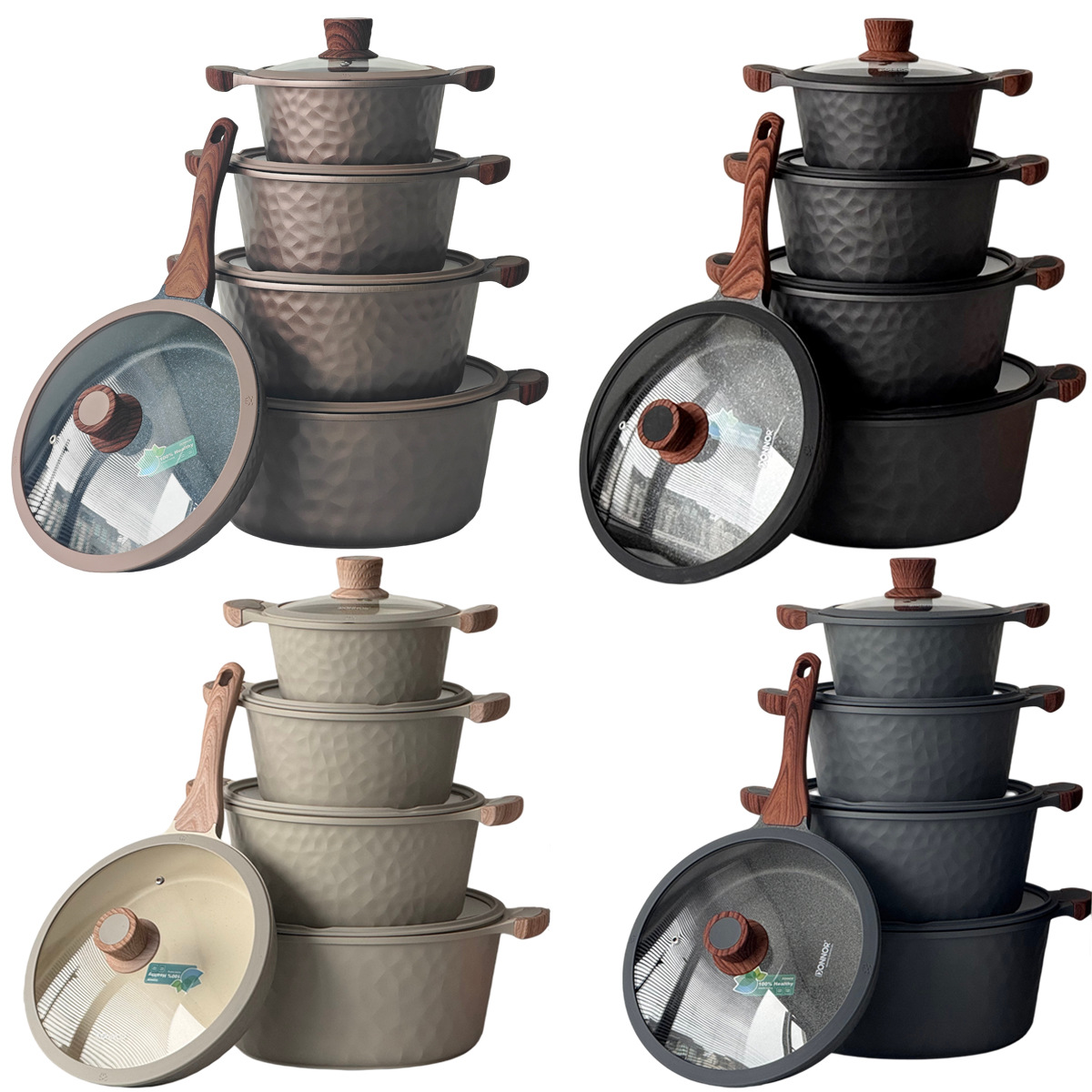 Martillo antiadherente cooking pot set multicapa apilado ahorro de espacio glass cover visualización