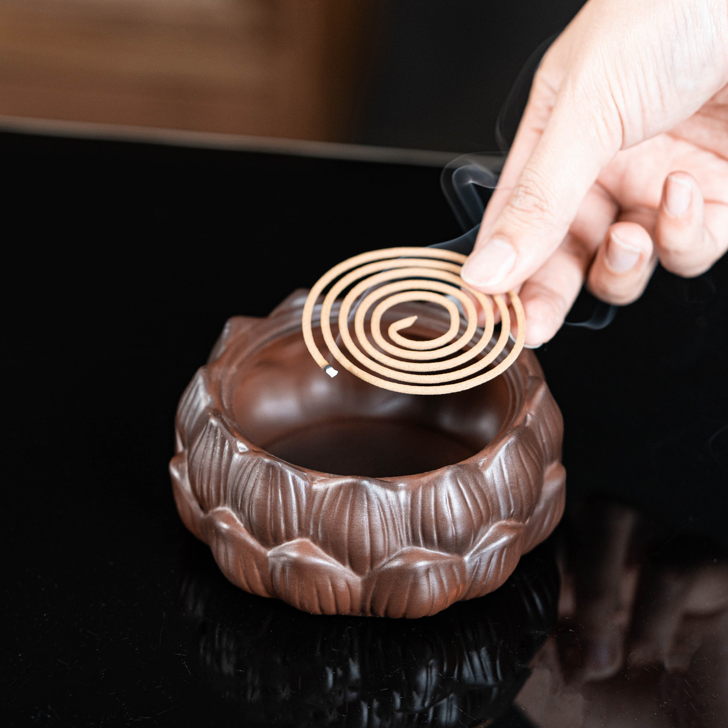 紫陶中式复古莲花香炉创意禅意盘香盒家用室内香薰炉茶道装饰摆件细节图