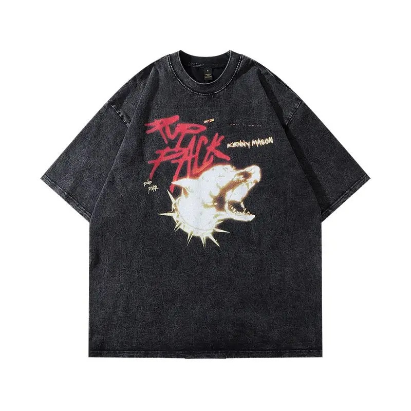 Washed and aged graffiti printed short-sleeved T-shirt, oversized off-the-shoulder men's short-sleeved T-shirt Specification image