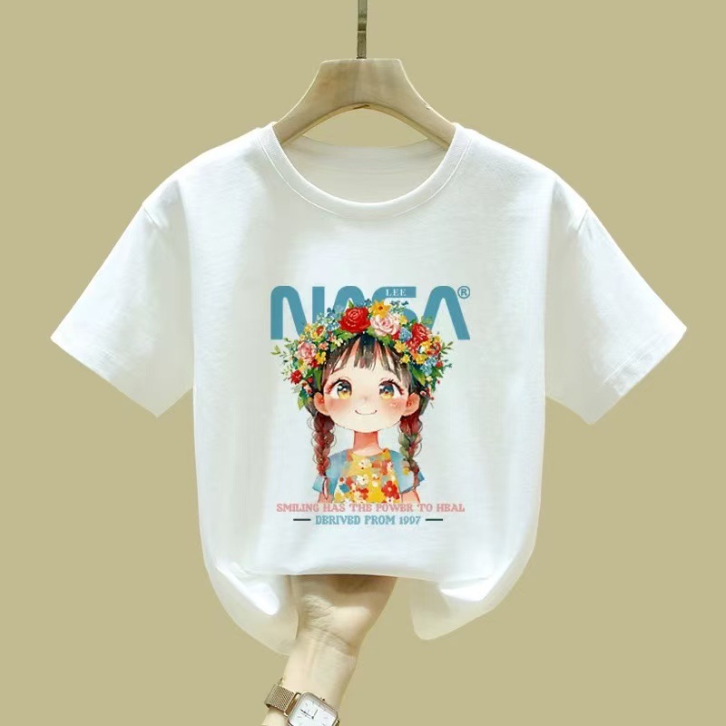 Pink short-sleeved girls' T-shirt, pure cotton, 2025 new style, round-neck half-sleeved summer children's top T-shirt for middle and large children details Picture