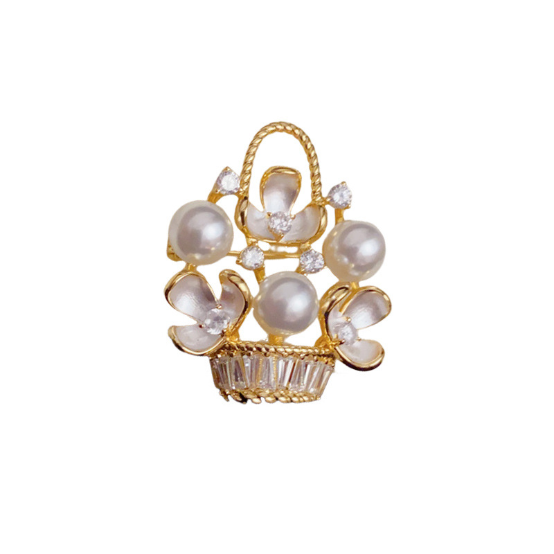 Cross-border personalized and fashionable diamond-encrusted pearl flower basket brooch, exquisite, light luxury, versatile and anti-glare accessory brooch Item Picture