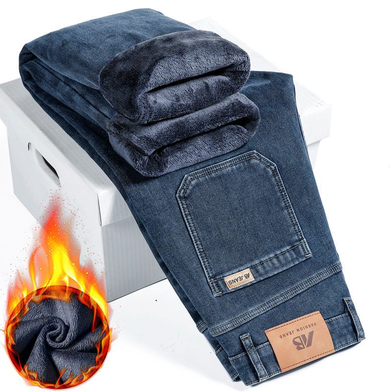 High-end fleece jeans for men 2025 winter, new straight-leg loose and versatile men's pants, thick and warm long pants for men details Picture