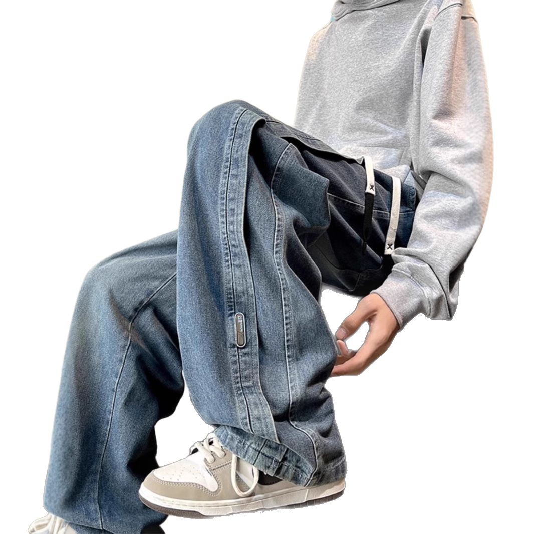 Men's autumn American high street washed jeans, plus-size trendy brand loose straight-leg men's wide-leg pants Item Picture
