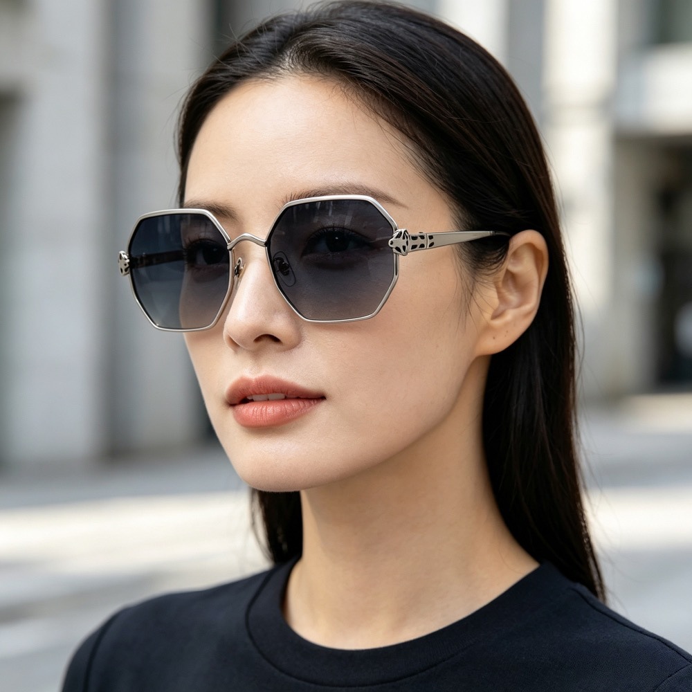 2026 nuevo leopardo cabeza decorativa poligonal gafas de sol mujer metal lentes gradientes retro influencer shades fábrica lote details Picture