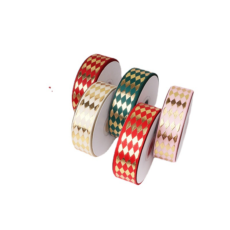 New 2.5CM gold-embossed diamond-shaped ribbon, high-end gift packaging color ribbon, polyester ribbon wholesale, threaded tape, DIY accessories Item Picture
