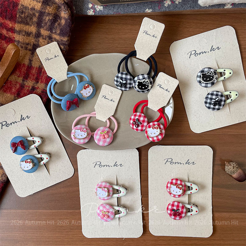 New Korean-style sweet and beautiful kt checkered hair clip for children, side fringe fringe clip, handcrafted elastic hair band and hair accessory, Pom.kr checkered hair accessory: polka dot bow cute children's hair accessory, versatile and fashionable style