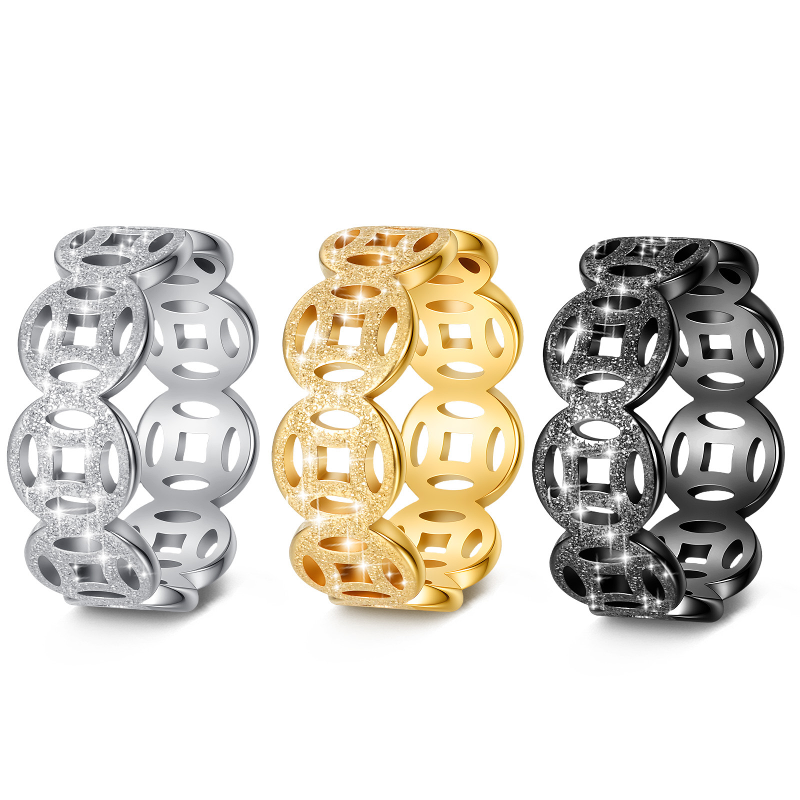 2025网红直播新爆款铜钱造型钛钢戒指指环情侣对戒