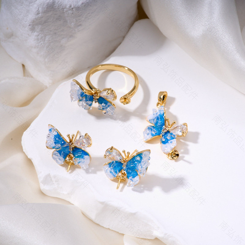 Pearl ring, earneedle pendant, micro-inlaid three-piece set, empty stand, butterfly style, oil drip design, high-end DIY, light luxury and high-end