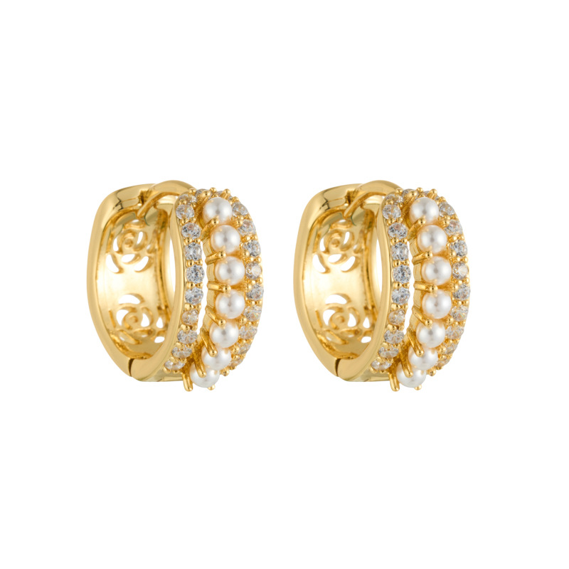 Light luxury style pearl full zirconium earring, copper alloy real gold electroplated, niche high-end earrings, versatile ear buckles for commuting Item Picture